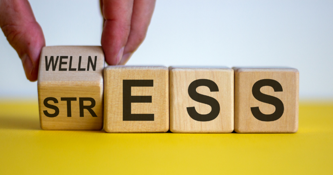 Photo of letter cubes that change from stress to wellness